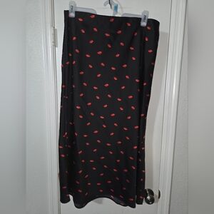 a new day Black Maxi Skirt with Red Lips Print